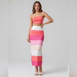 Color Block Slim Fit Tube Top And Elastic Waist Skirt